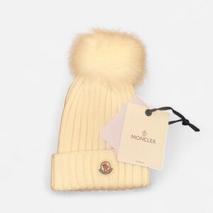 Moncler Cream Ribbed Beanie with Faux Fur Pom